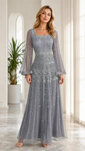 Front full-length view of model in dusty blue sequined square-neck evening gown with bell sleeves