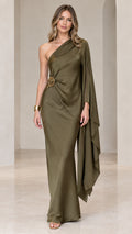 Olive green one-shoulder draped satin maxi dress with side cape sleeve and gold medallion buckle