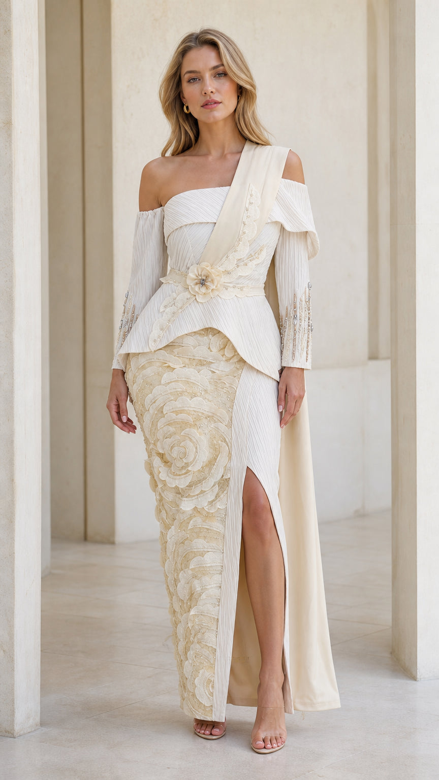 Front full view of champagne asymmetric pleated evening dress with floral applique