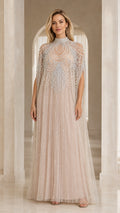 Champagne beaded cape evening gown full front view