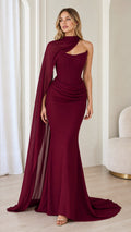 Burgundy corset bodice evening gown with flowing chiffon cape front view