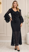Front view of black tiered bell sleeve floral lace maxi dress