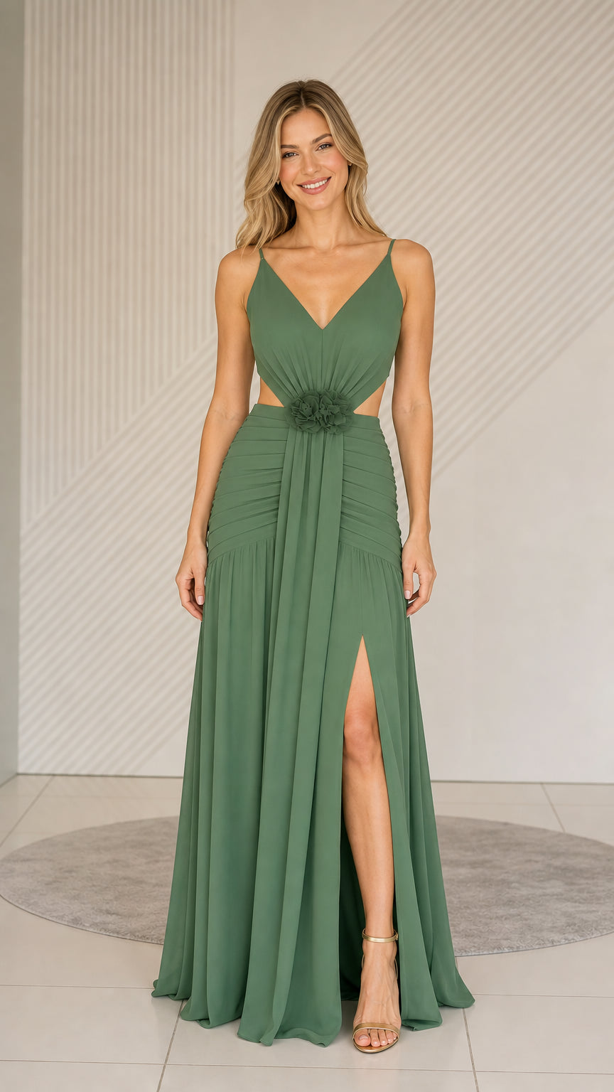 Sage Green floral applique cutout maxi dress front view