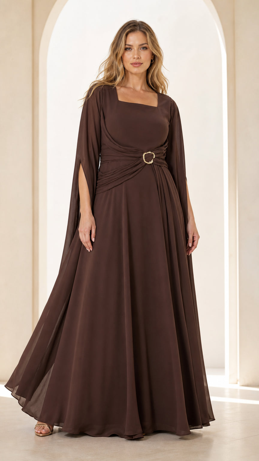 Front view of model wearing Chocolate Brown square neck cape sleeve evening gown