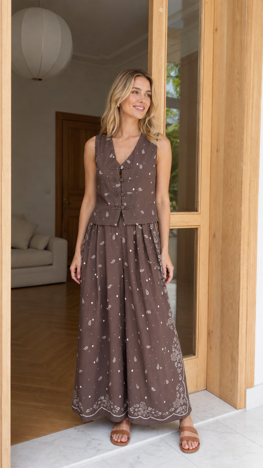 Model wearing brown boho printed vest and wide-leg pants set, front view
