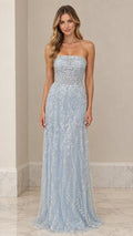 Front view of model wearing Light Blue strapless beaded corset evening gown