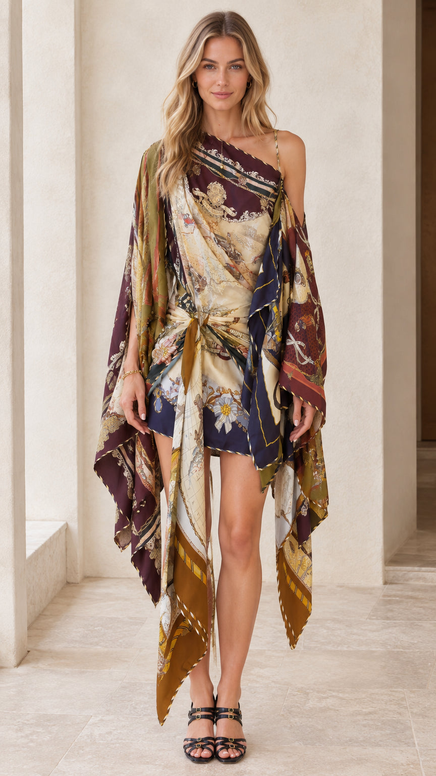 Front view of model wearing Wine Multi scarf print asymmetrical one-shoulder cape mini dress