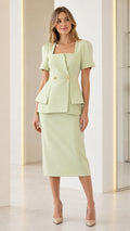 Sage green two-piece set featuring square neck peplum top and midi pencil skirt front view