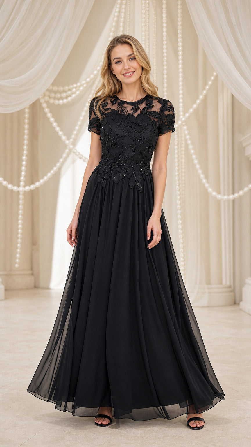 Model wearing black lace applique chiffon evening dress, front view