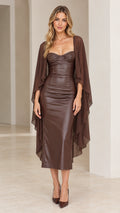 Front view of model wearing brown faux leather sweetheart midi dress with sheer draped cape sleeves