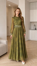 Olive green long sleeve jacquard maxi dress front view