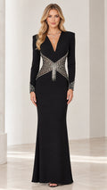 Front view of black long sleeve evening gown with deep V-neck and rhinestone embellished waist