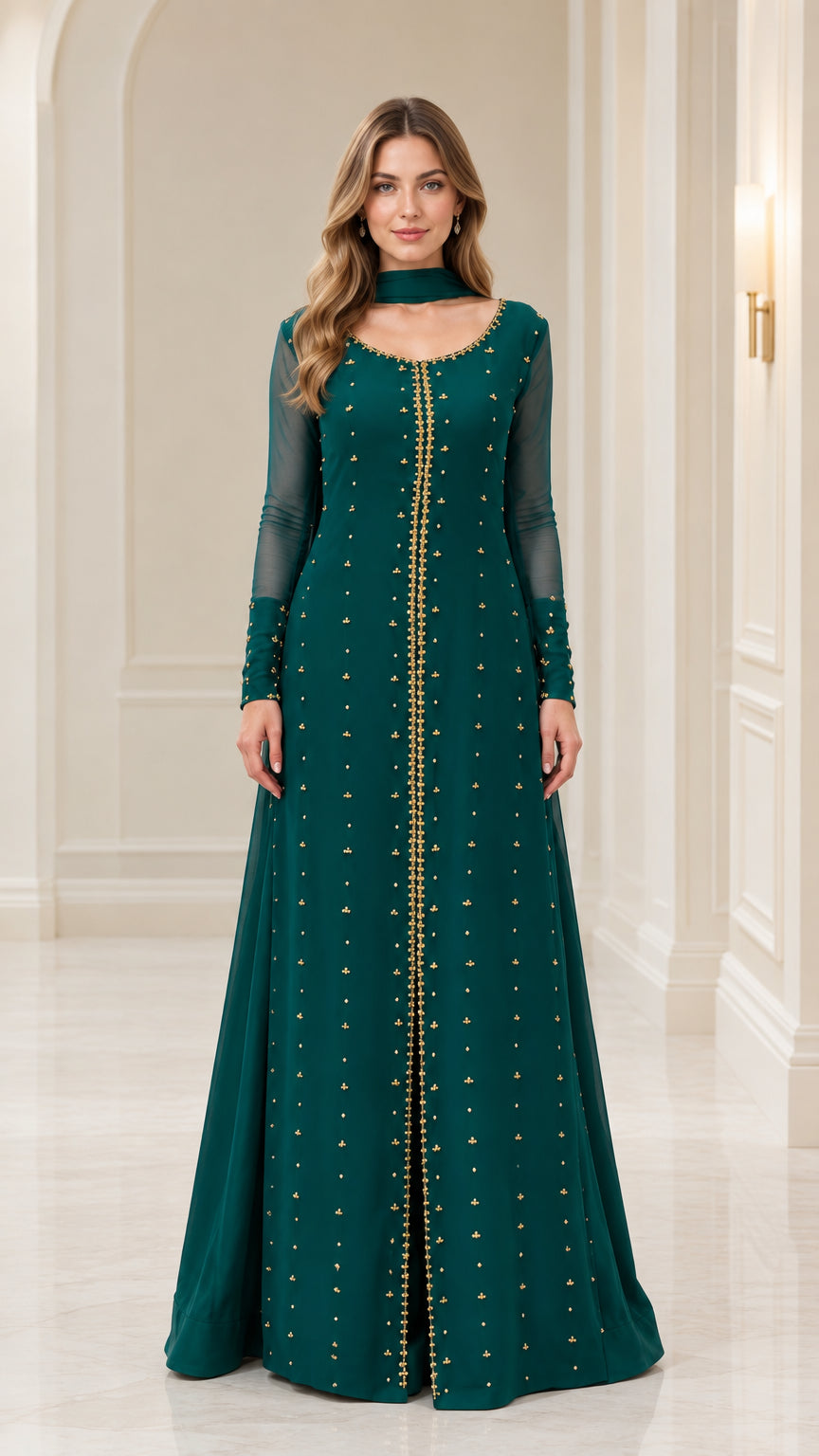 Front full view of emerald green embellished long sleeve evening maxi dress