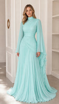 Front view of model wearing aqua blue pleated high neck maxi gown with long cape sleeves