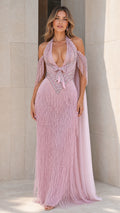 Dusty pink plunging halter evening gown with rhinestone bodice and fringe skirt front view