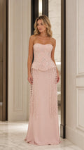 Blush pink strapless beaded lace peplum evening gown front view