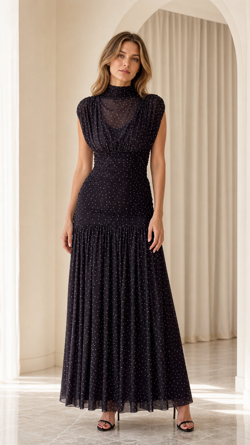 Black high neck sleeveless pleated dot mesh maxi dress front view