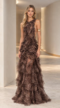 Full front view of model wearing Classic Brown leopard print tiered ruffle backless maxi gown