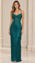 Front view of model wearing the Emerald Green beaded corset sequin fringe maxi dress
