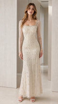 Front full view of Champagne beaded square neck long sleeve formal maxi dress
