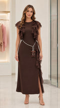 Chocolate brown column maxi dress with tiered lace ruffles and tassel waist cord
