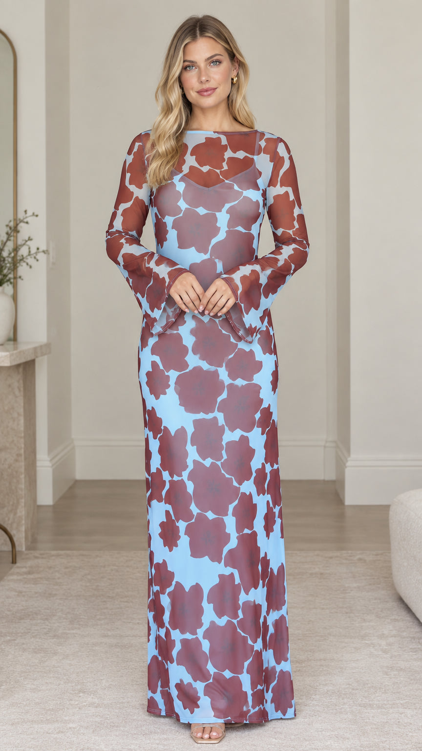 Front view of model wearing floral print boat neck maxi dress in Blue Brown