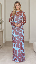 Front view of model wearing floral print boat neck maxi dress in Blue Brown