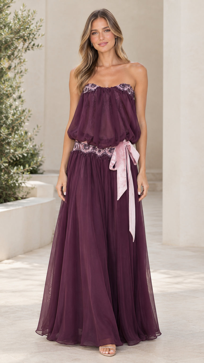 Model wearing Plum strapless lace-trim blouson maxi dress front view