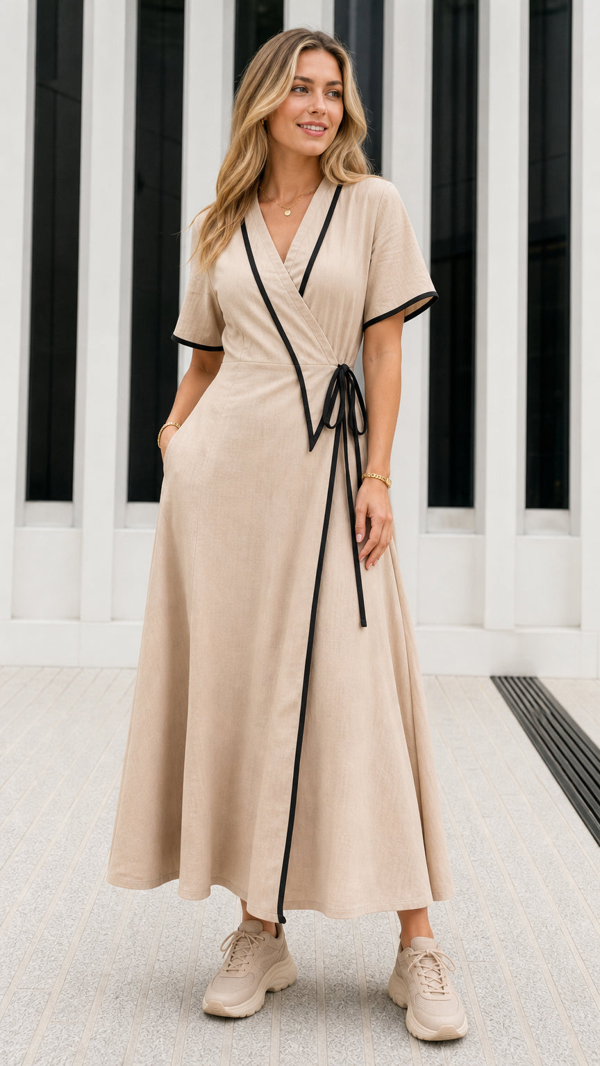 Front view of model wearing Beige short sleeve wrap maxi dress with black contrast trim