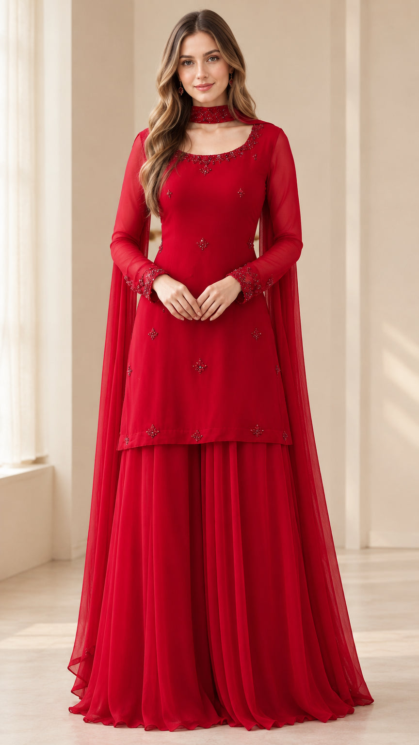 Front full-length view of woman in red embellished sharara suit set