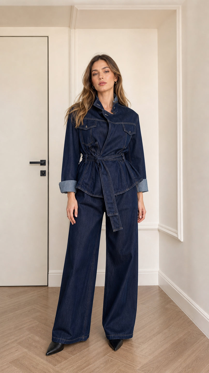 Front view of model wearing dark denim utility jacket and wide leg pants