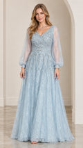 Front view of model wearing Light Blue beaded V-neck evening gown with bishop sleeves
