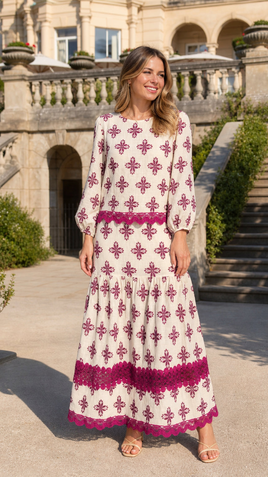 Front view of ivory floral embroidered long sleeve maxi dress