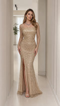 Champagne Gold square neck long sleeve sequin evening gown with side slit front view