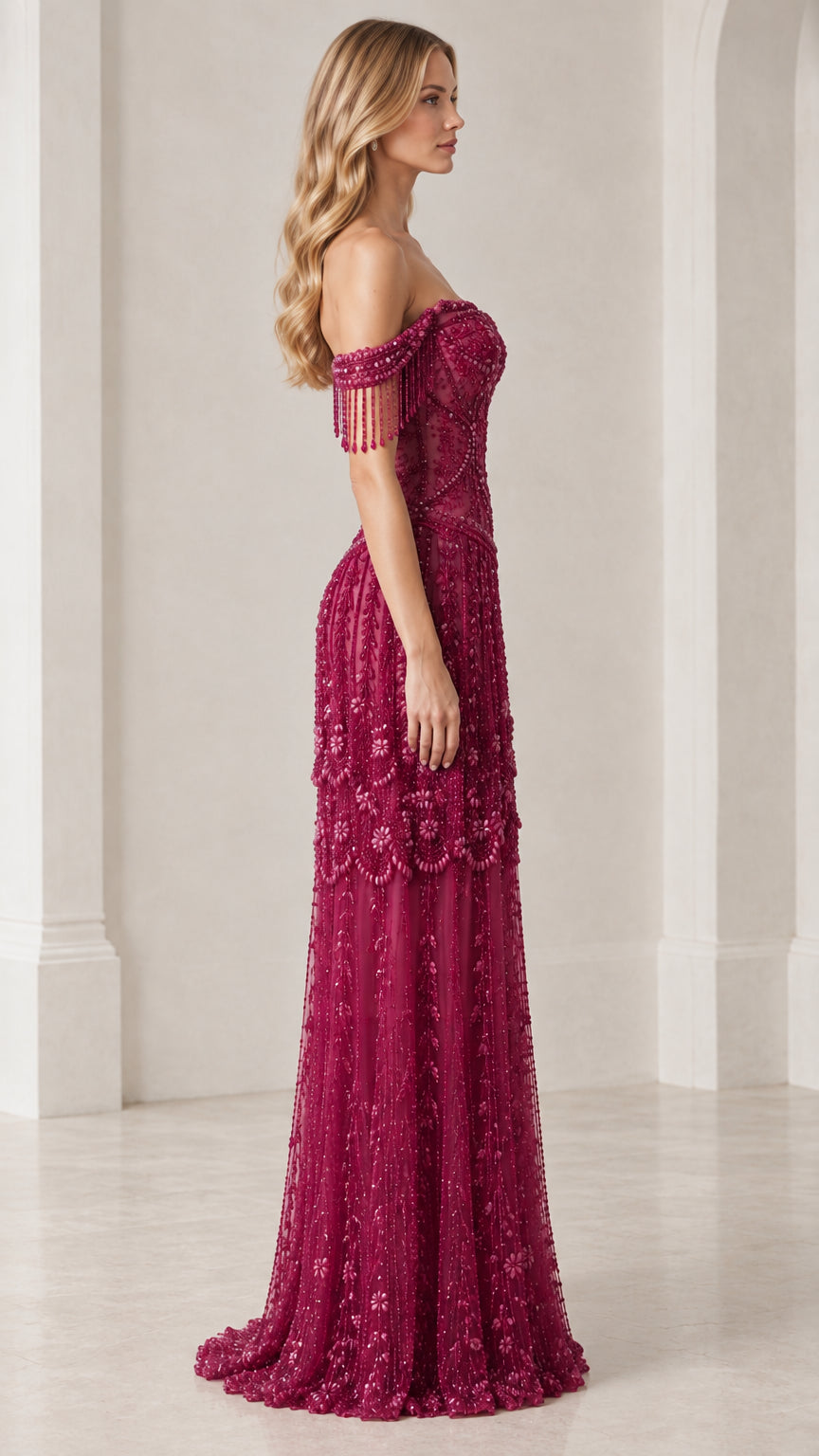 Side view of burgundy off-shoulder beaded evening dress showing tailored silhouette