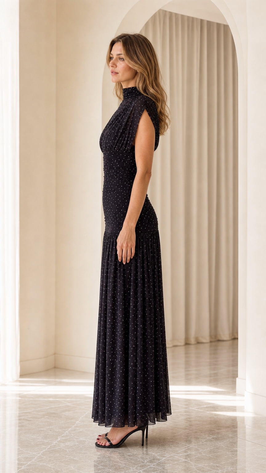 Black high neck sleeveless pleated evening gown side view