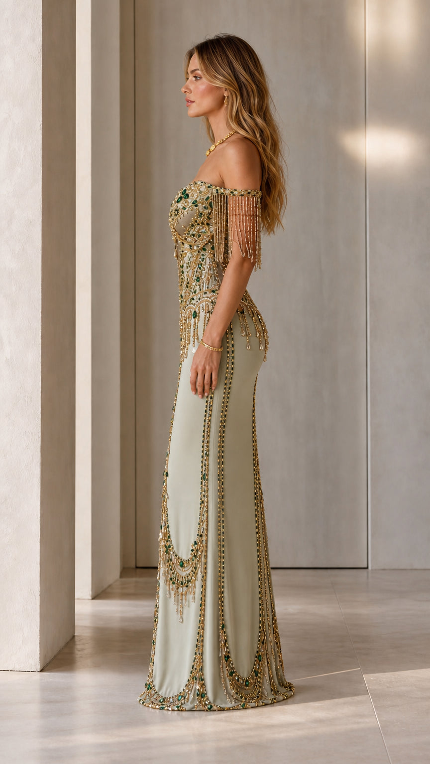 Side profile of Sage Green embellished formal maxi dress with tassel sleeves