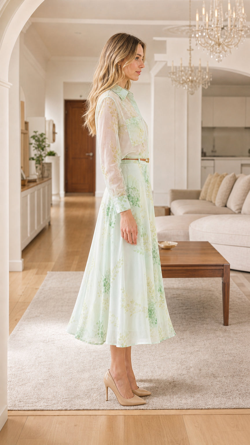 Side profile view of mint green shirt dress
