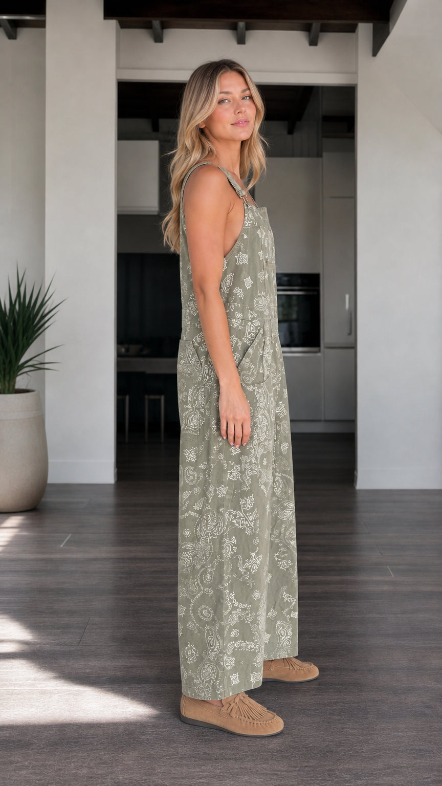 Side profile view of Sage Green wide-leg dungarees jumpsuit