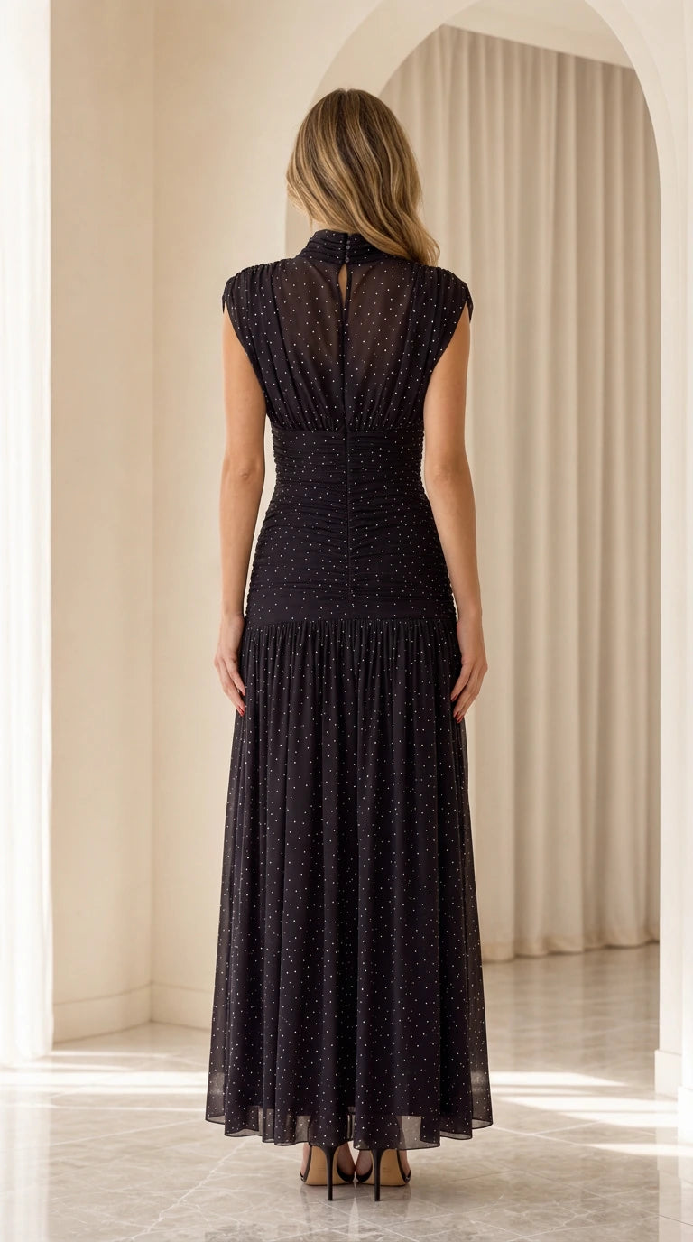 Black high neck sleeveless pleated evening gown back view