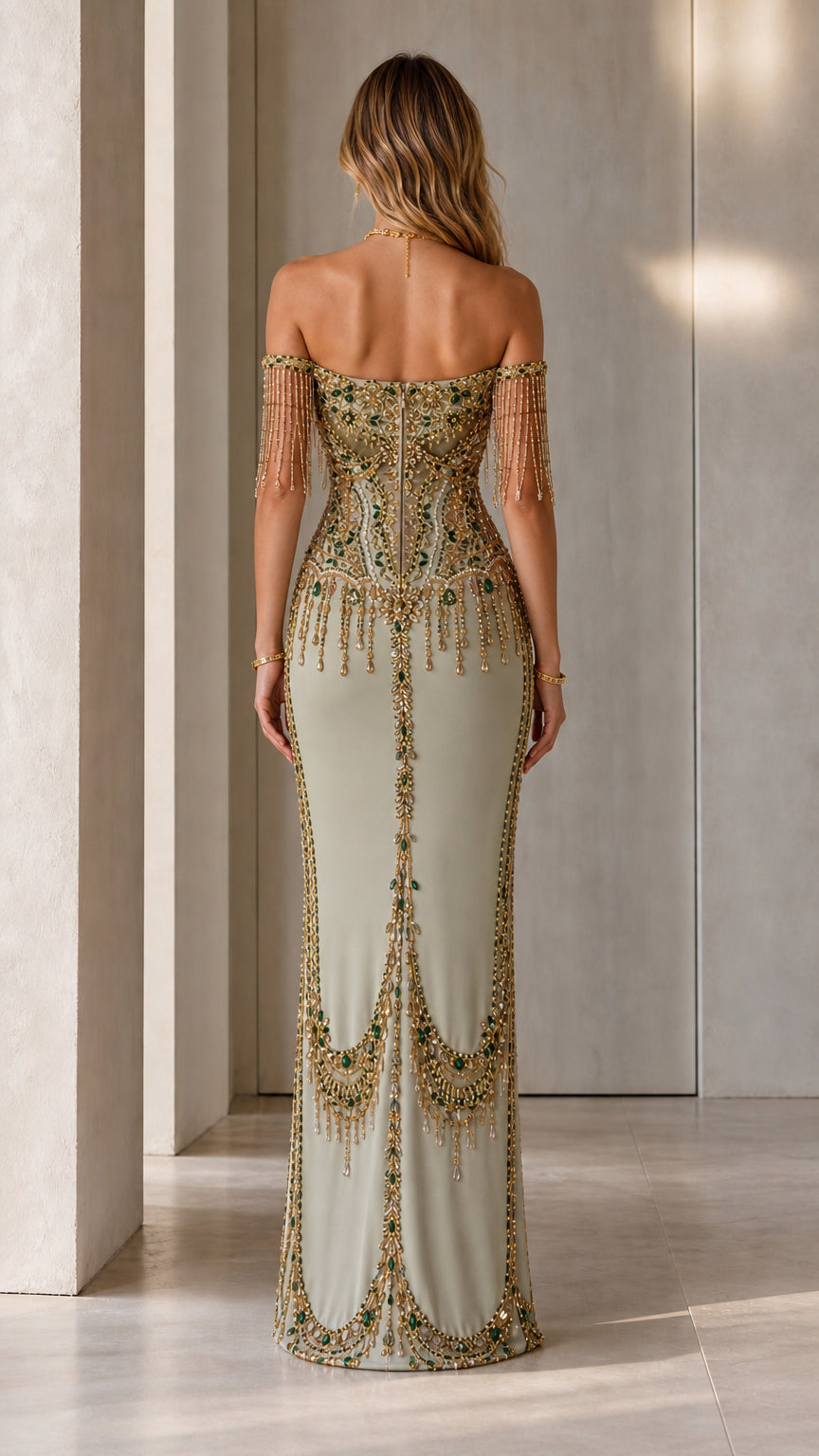 Back view of Sage Green floor-length embellished evening gown