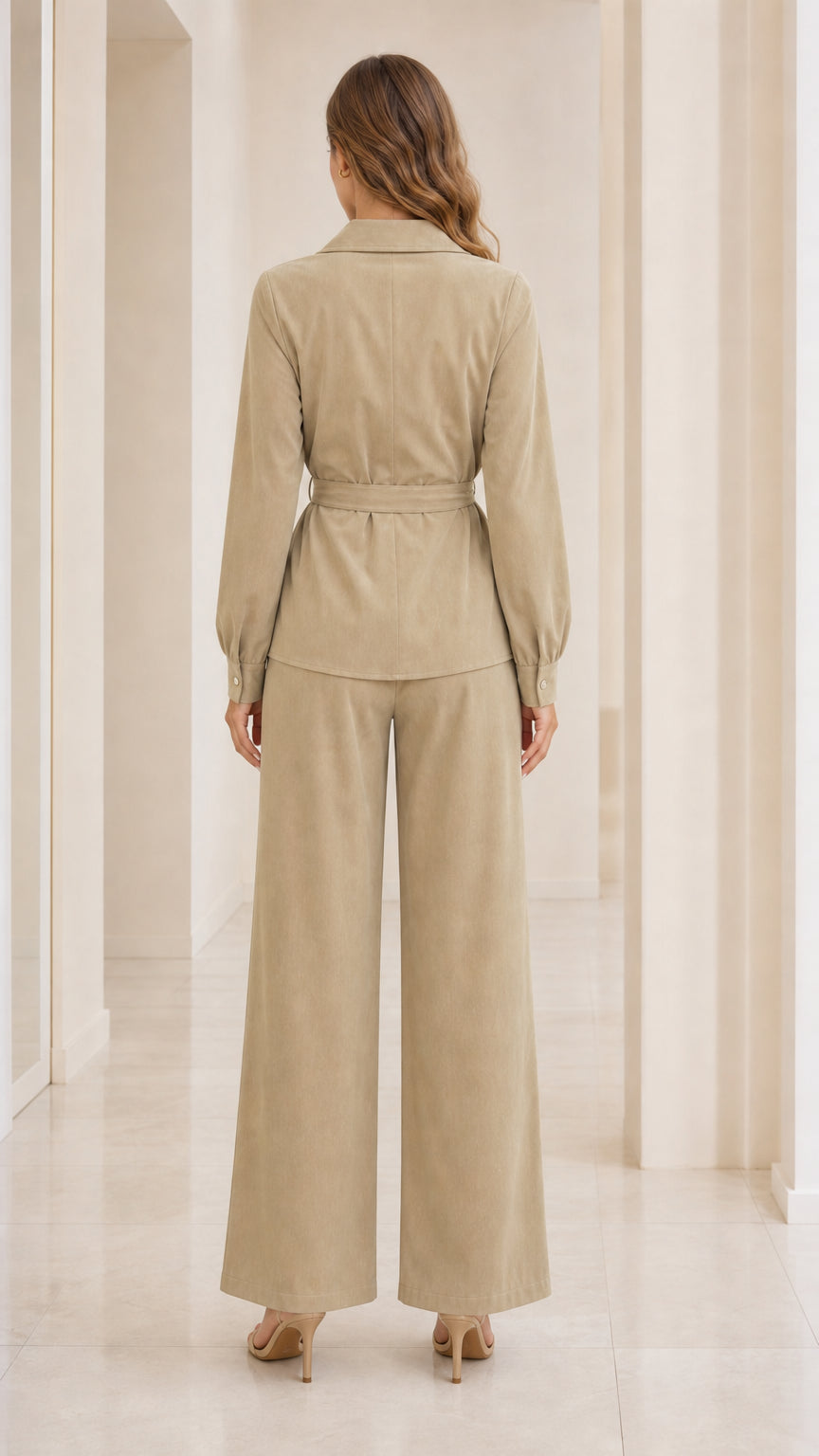 Back view of woman wearing khaki matching set