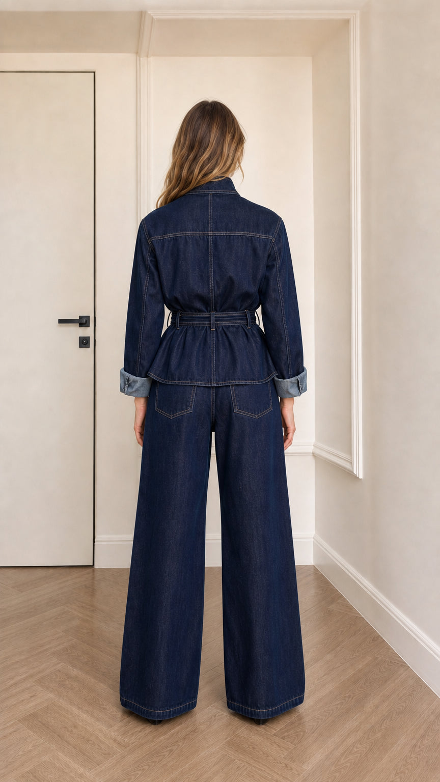 Back view of model in dark denim jacket and trousers