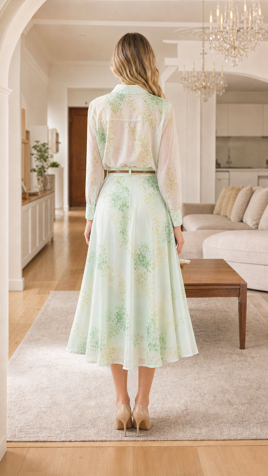 Full back view of mint green shirt dress