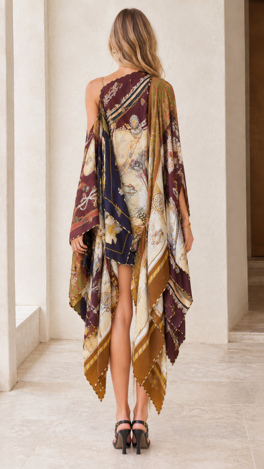 Back view of model wearing Wine Multi scarf print draped poncho mini dress