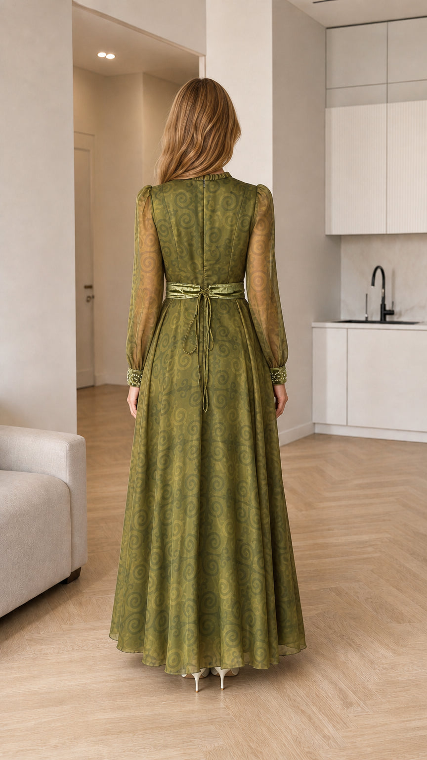 Olive green long sleeve maxi dress back view showing tie-back sash