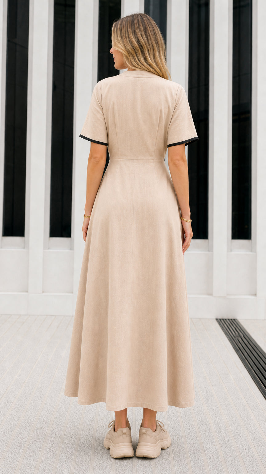 Back view of model in Beige A-line wrap maxi dress