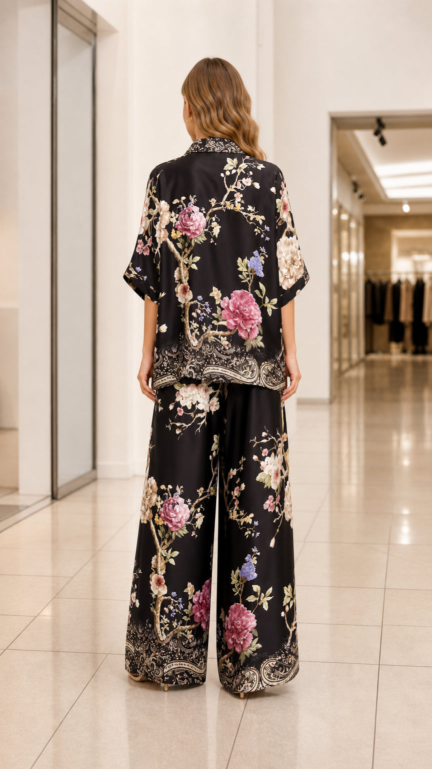 Back view of model wearing black satin floral shirt and wide leg trousers