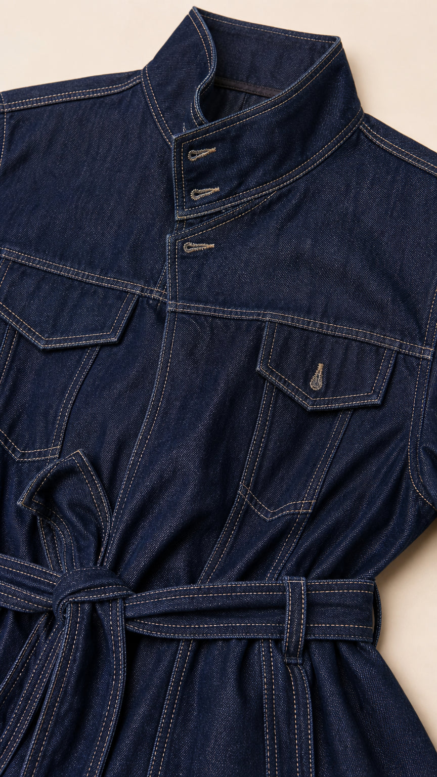 Close-up of dark denim jacket collar, buttons, and belt details