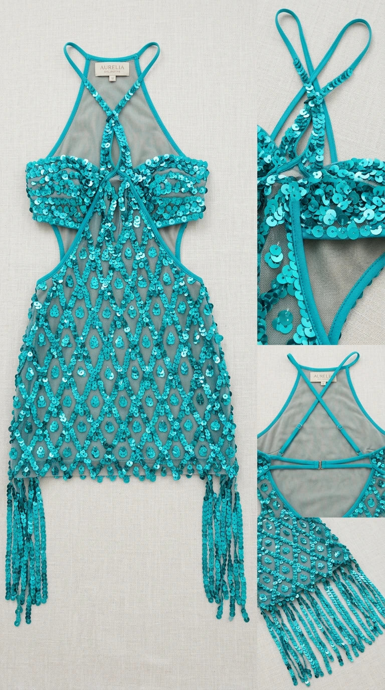 Flat lay detail view of the turquoise halter sequin mini dress showing construction and tassels